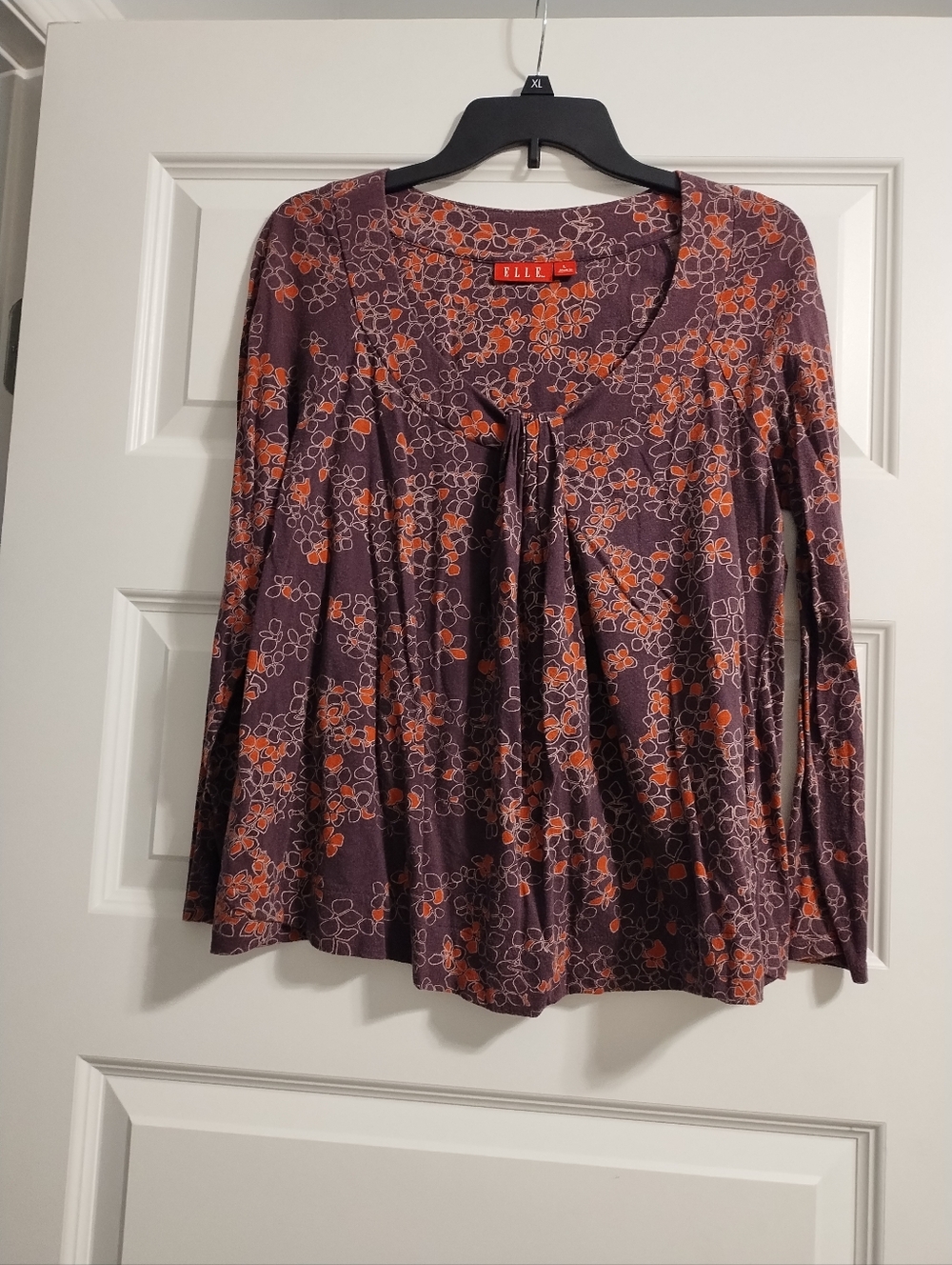 ELLE Purple Floral Tie-Neck Long Sleeve Top